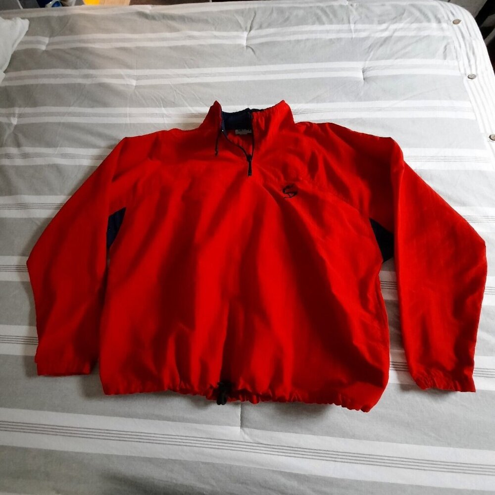 Vtg 90's UZZI Men Red Nylon 1/4 Zip Pull Over  Windbreaker Jacket L-XL Navy Trim